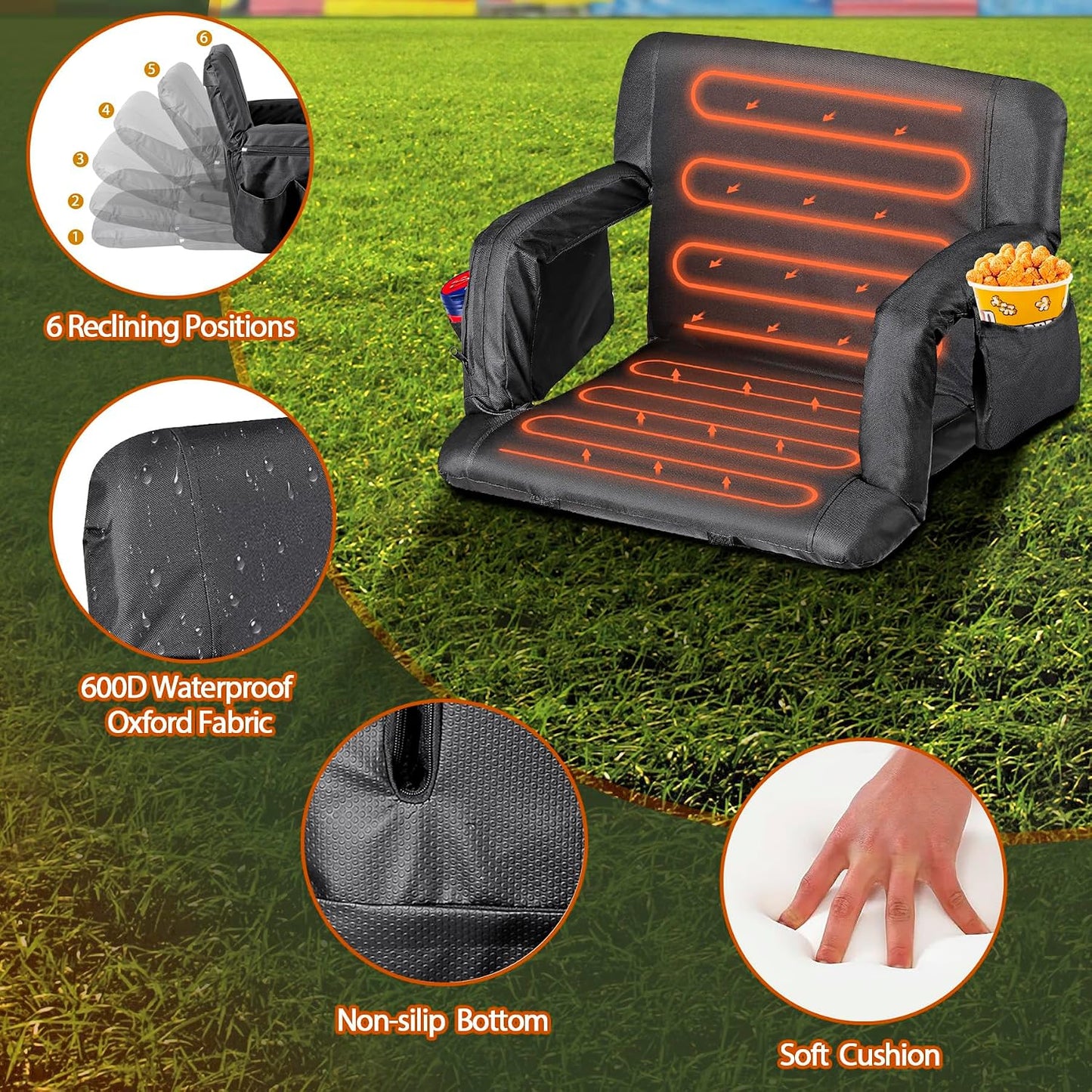LEMY 20.5"/ 25" Wide Adjustable Stadium Seat for Bleachers Portable Water Resistant Stadium Chair with Back/Arms/Cushion for Outdoor or Indoor