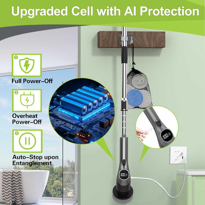 WKY-Electric Spin Scrubber - 10-in-1 Cordless Shower Scrubber & Cleaning Brush with Extendable Handle, 42 in-lbs Ultra High Torque, 2 Speeds, IPX7, LED Display, Smart AI Chip, for Bathroom, Kitchen