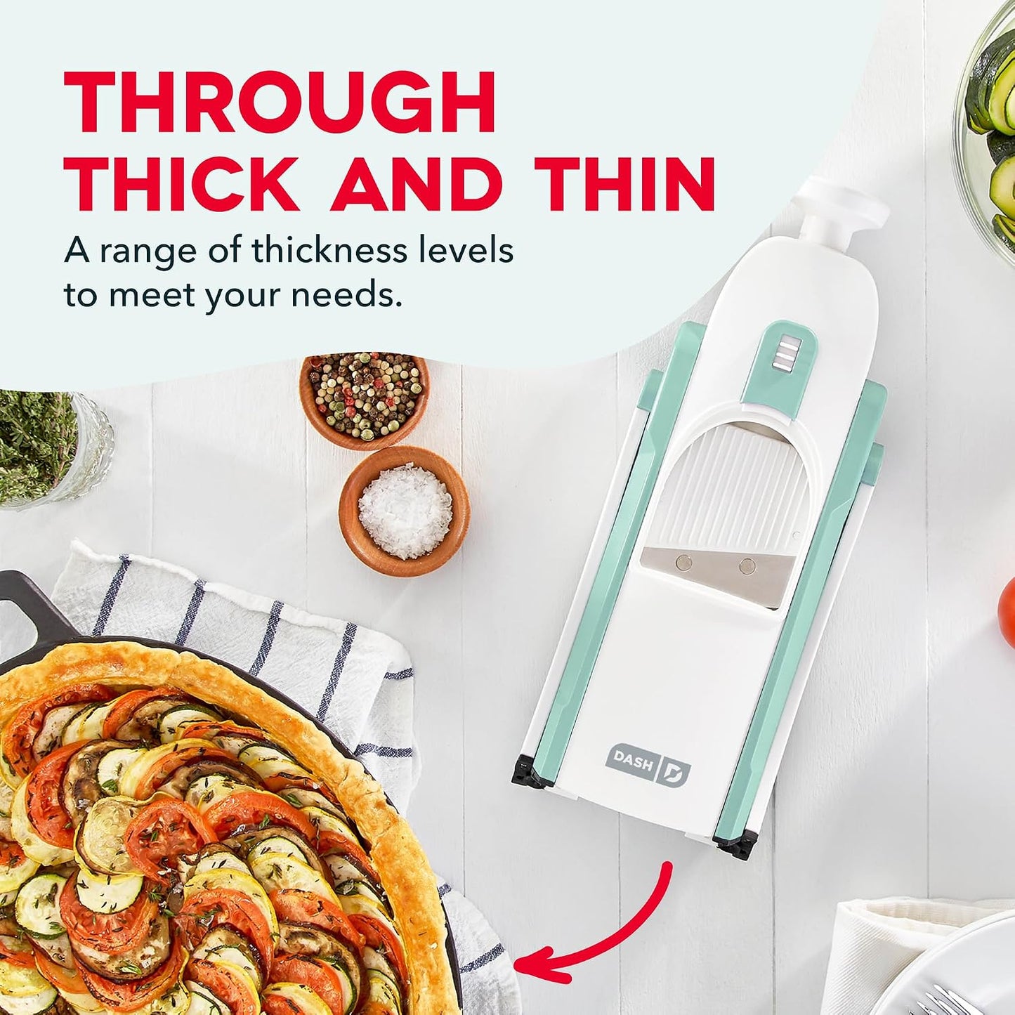 Dash Safe Slice Mandoline Slicer, Adjustable 30+ Combos, Aqua | Vegetable, Potato & Onion slicer, 1-8mm Thickness, Julienne, Matchstick & Dice Cuts, Folds Flat, Stainless Steel Blades