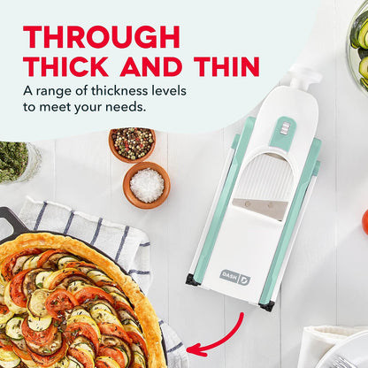 Dash Safe Slice Mandoline Slicer, Adjustable 30+ Combos, Aqua | Vegetable, Potato & Onion slicer, 1-8mm Thickness, Julienne, Matchstick & Dice Cuts, Folds Flat, Stainless Steel Blades