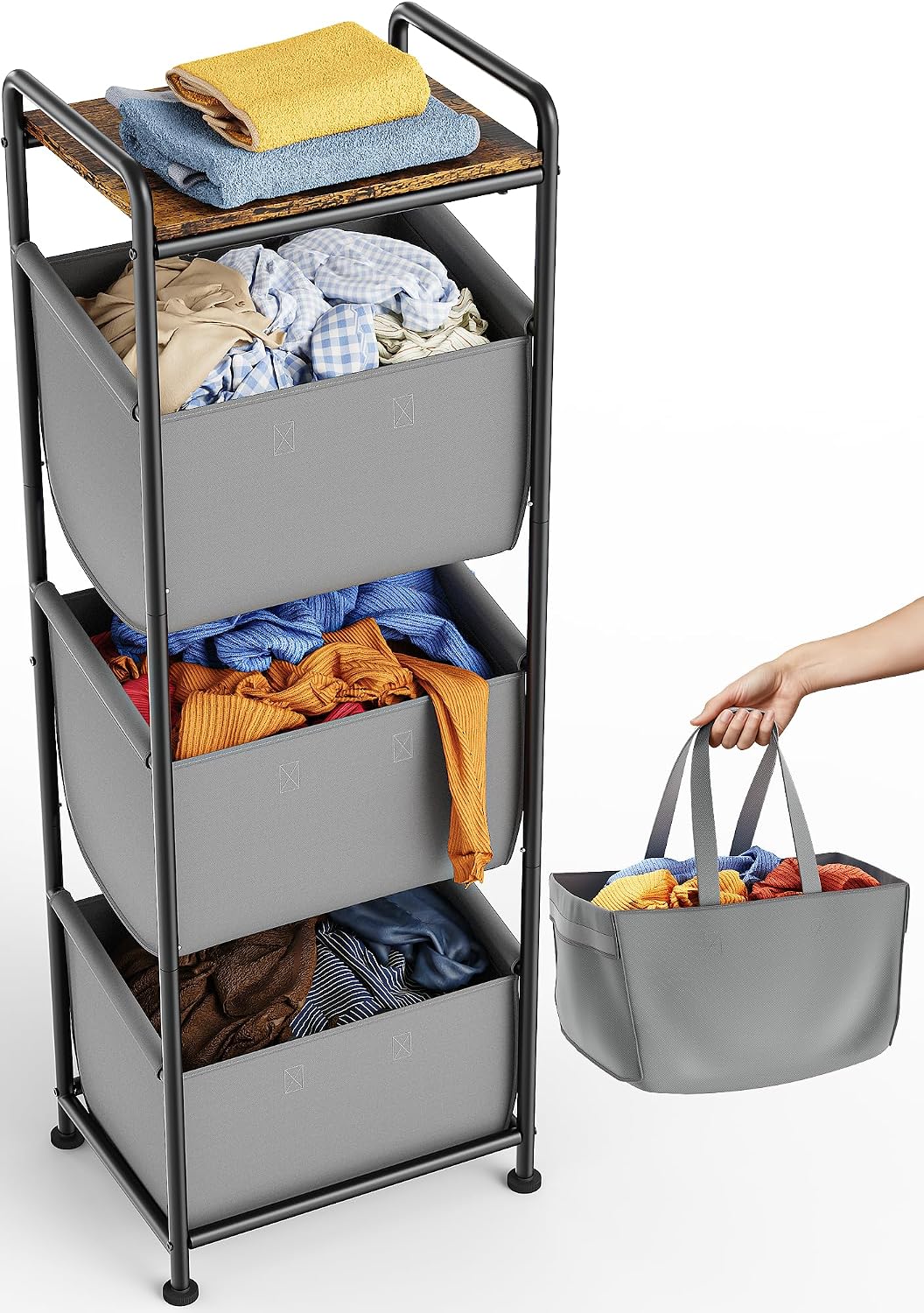 3 Section Laundry Sorter with Removable Bags, 120L Rolling Vertical Laundry Hamper, Stackable Laundry Baskets organizer for Bathroom, Apartment, Dorm (Beige, With Wheel)