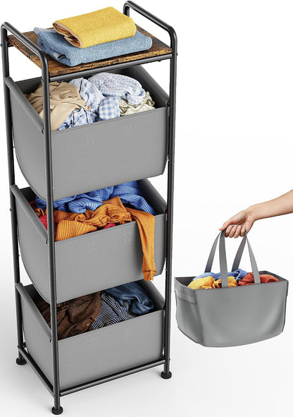 3 Section Laundry Sorter with Removable Bags, 120L Rolling Vertical Laundry Hamper, Stackable Laundry Baskets organizer for Bathroom, Apartment, Dorm (Beige, With Wheel)