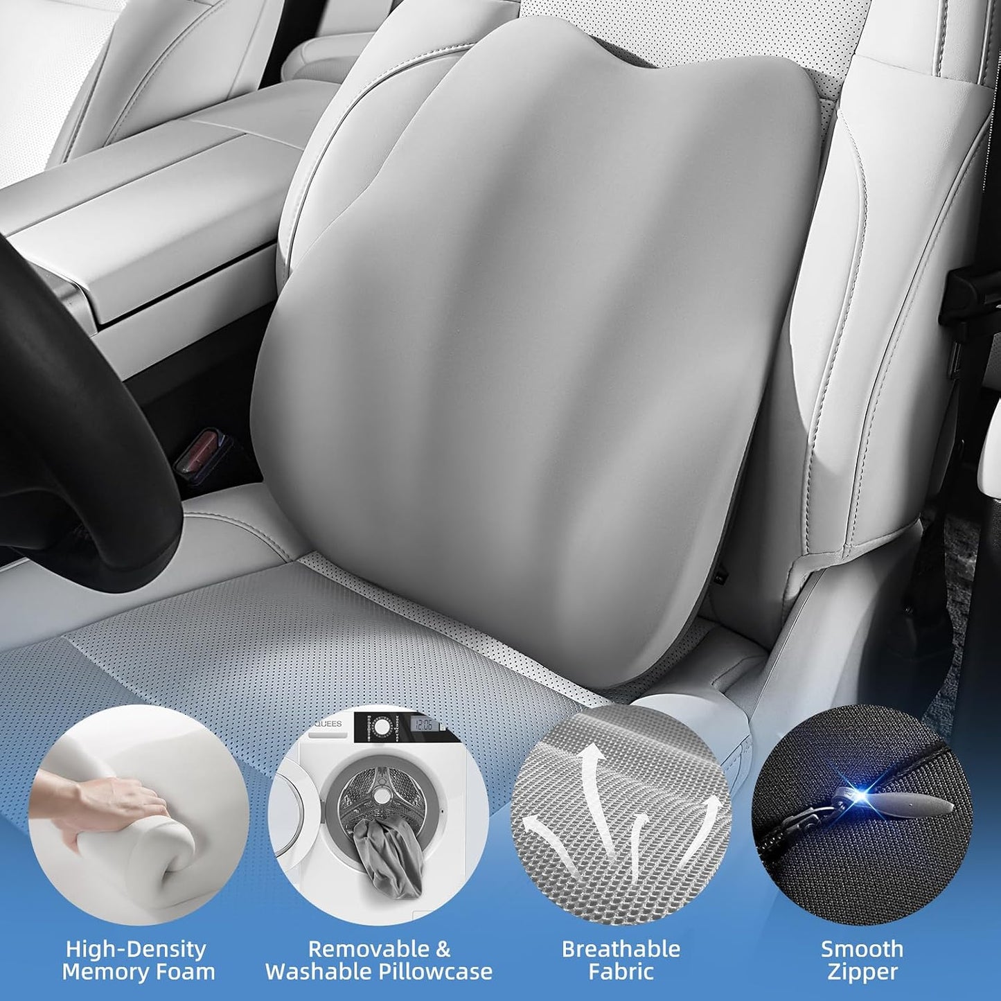 BEBAS Ergonomic Lumbar Support Pillow for Car, Memory Foam Car Back Cushion | Comfort Lumbar Pillow for Back Pain Relief, Breathable Washable Cover, Fits for Driving, Office, Wheelchair, Black