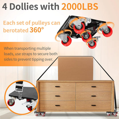 Heavy Duty Furniture Movers with 5 Wheels, 2000 lb Capacity Furniture Dolly Furniture Lifter Jacks Tool Set for Moving Heavy Furniture and Appliances, 360° Rotating Wheels & Side Brake