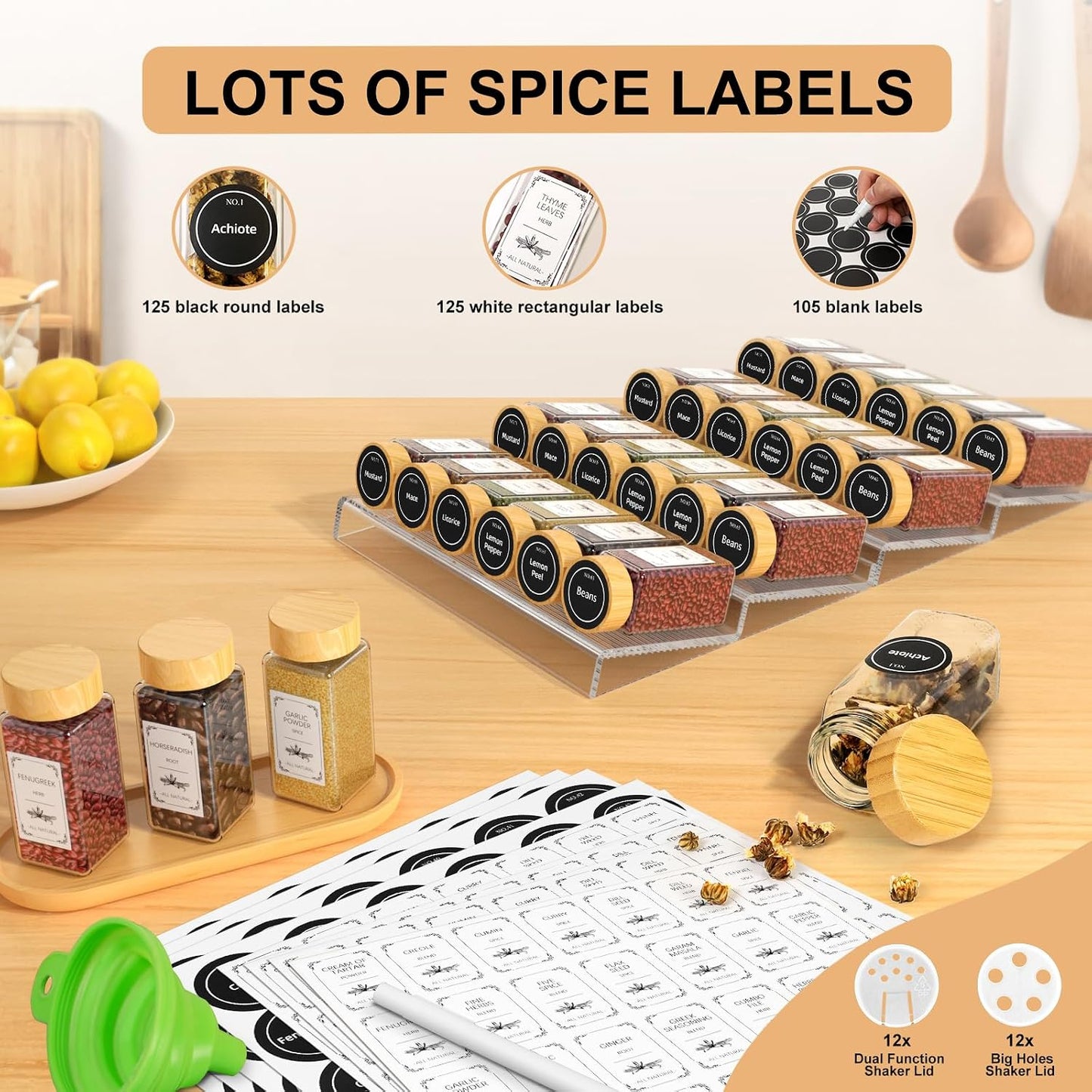 24 Spice Jars with Spice Drawer Organizer, 355 Spice Labels, 2 Pack Expandable From 11'' to 21'' Acrylic Spice Rack for Drawer, Seasoning Containers Storage Organization for Kitchen Cabinet Countertop