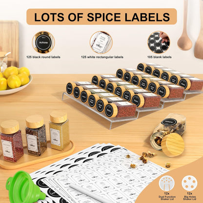 24 Spice Jars with Spice Drawer Organizer, 355 Spice Labels, 2 Pack Expandable From 11'' to 21'' Acrylic Spice Rack for Drawer, Seasoning Containers Storage Organization for Kitchen Cabinet Countertop