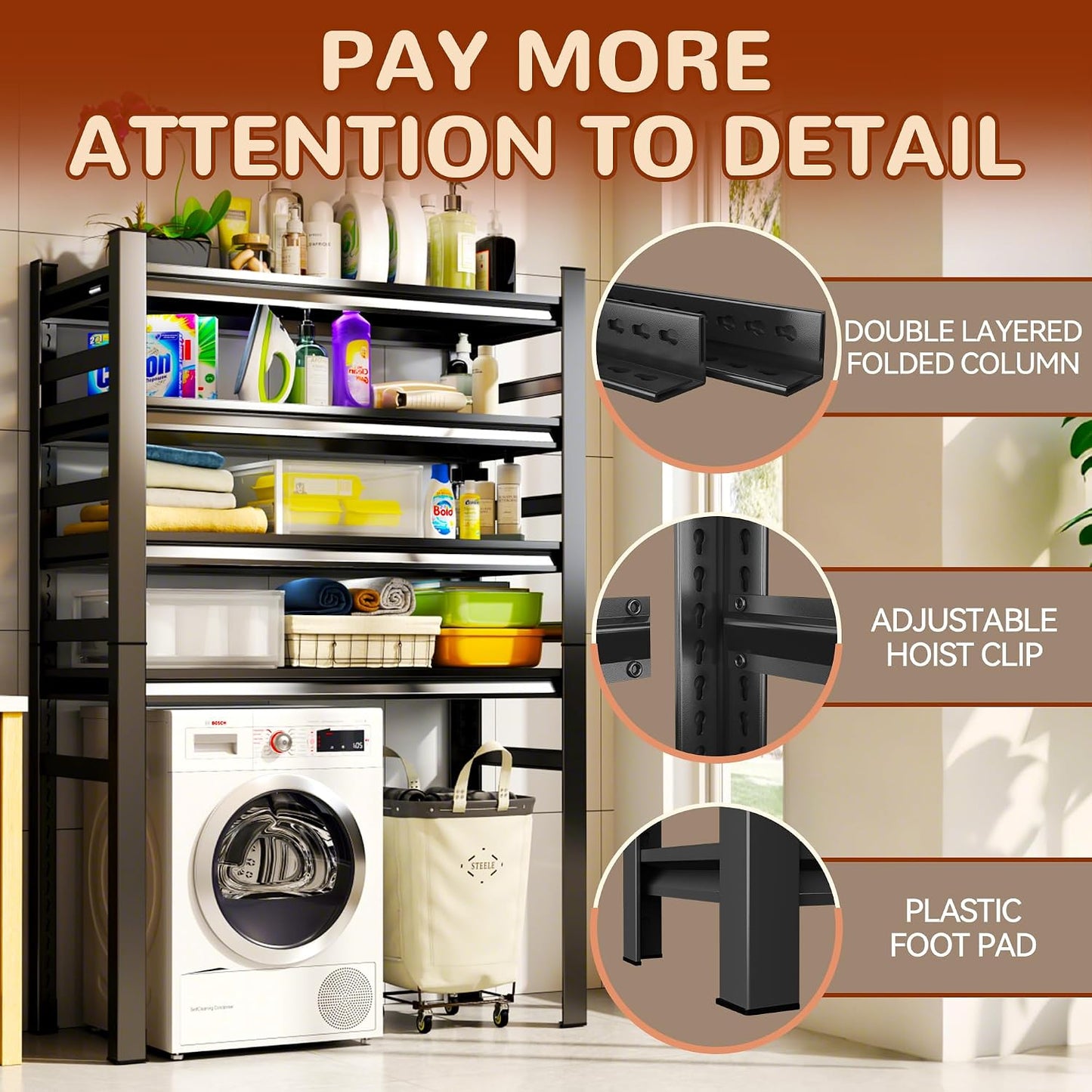 Over Washer and Dryer Shelves, 4 Tiers Adjustable Height Laundry Room Storage and Organizer Standing Shelf, Metal Freestanding Space Saving Organizers Shelf (4-Tier 63" H*45" W*15.7" D)