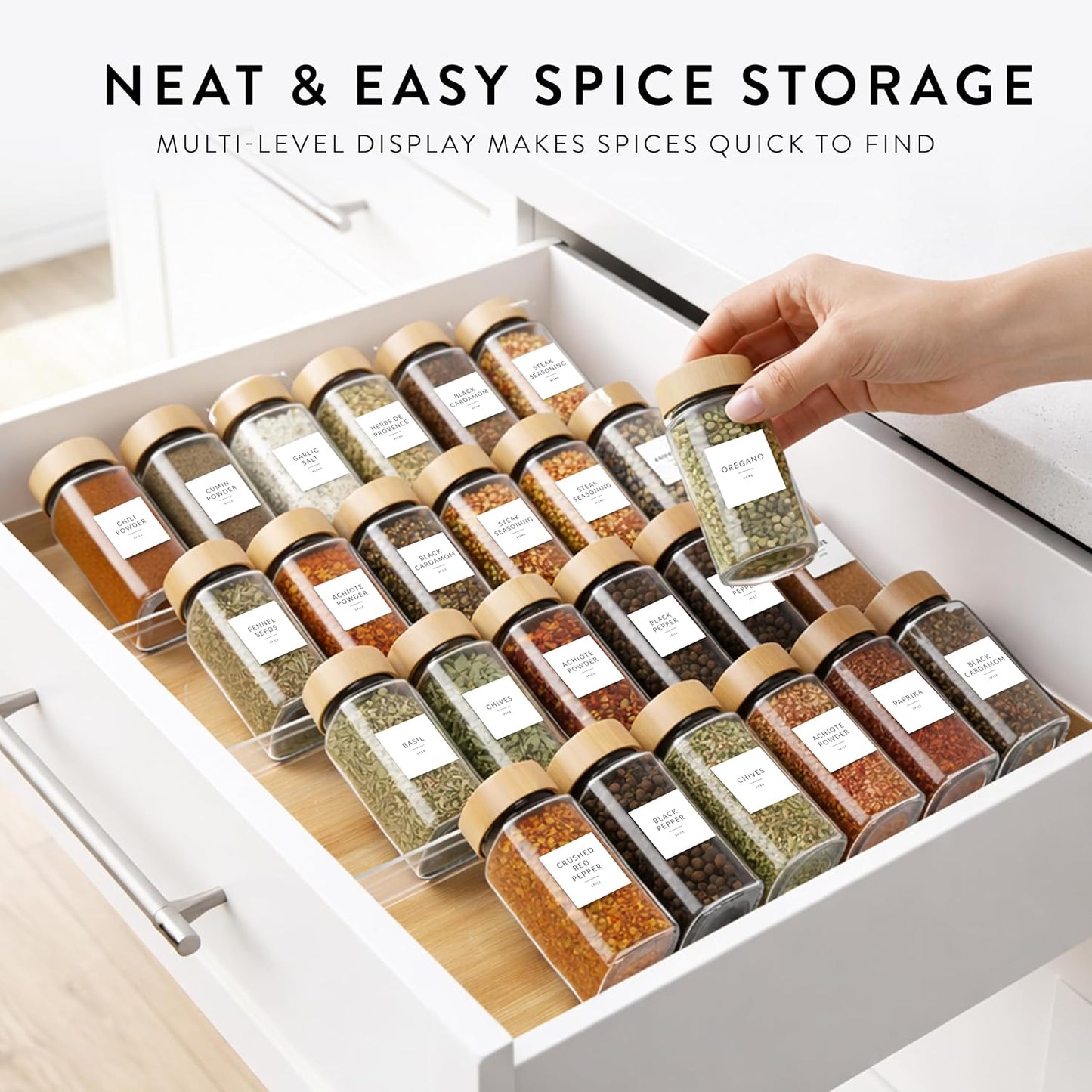 Acrylic Spice Drawer Organizer 4 PK, Expandable 13"-26" Acrylic Spice Rack for Drawer Seasoning Organizer Tray, Shelf Stackable 4-Tier Herb Jar Rack Insert for Kitchen Cabinet, Herb Jars Not Included