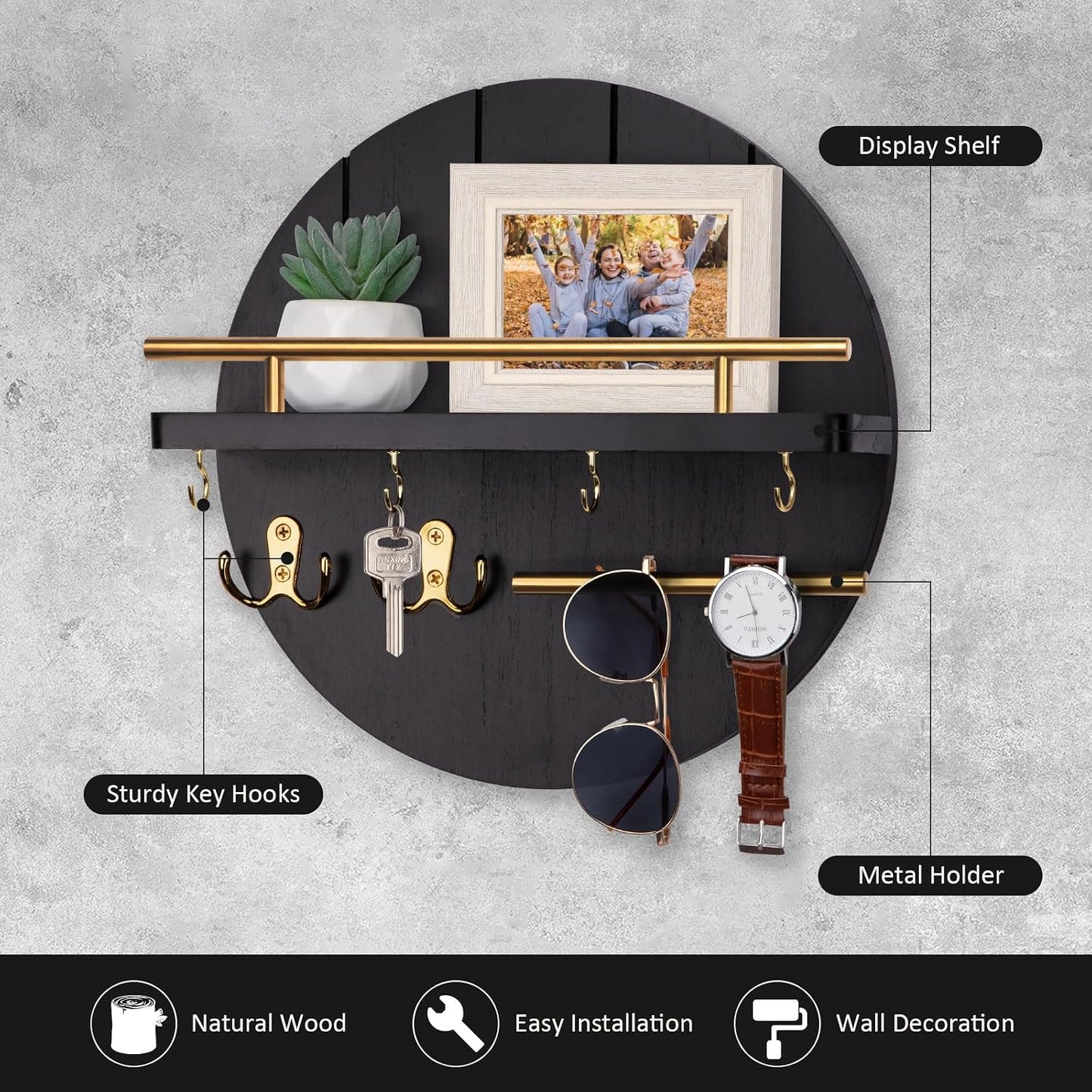 Nekon Key Holder Wall Mount, 11.8” Wood Mail Organizer for Wall, Brown | Round Wall Shelf with 6 Key Hooks, Rustic Key and Mail Holder, Key Hanger for Entryway Hallway Kitchen
