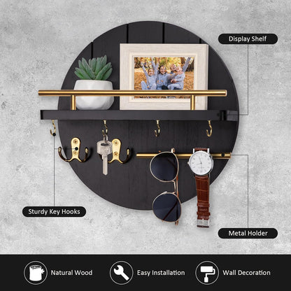 Nekon Key Holder Wall Mount, 11.8” Wood Mail Organizer for Wall, Brown | Round Wall Shelf with 6 Key Hooks, Rustic Key and Mail Holder, Key Hanger for Entryway Hallway Kitchen