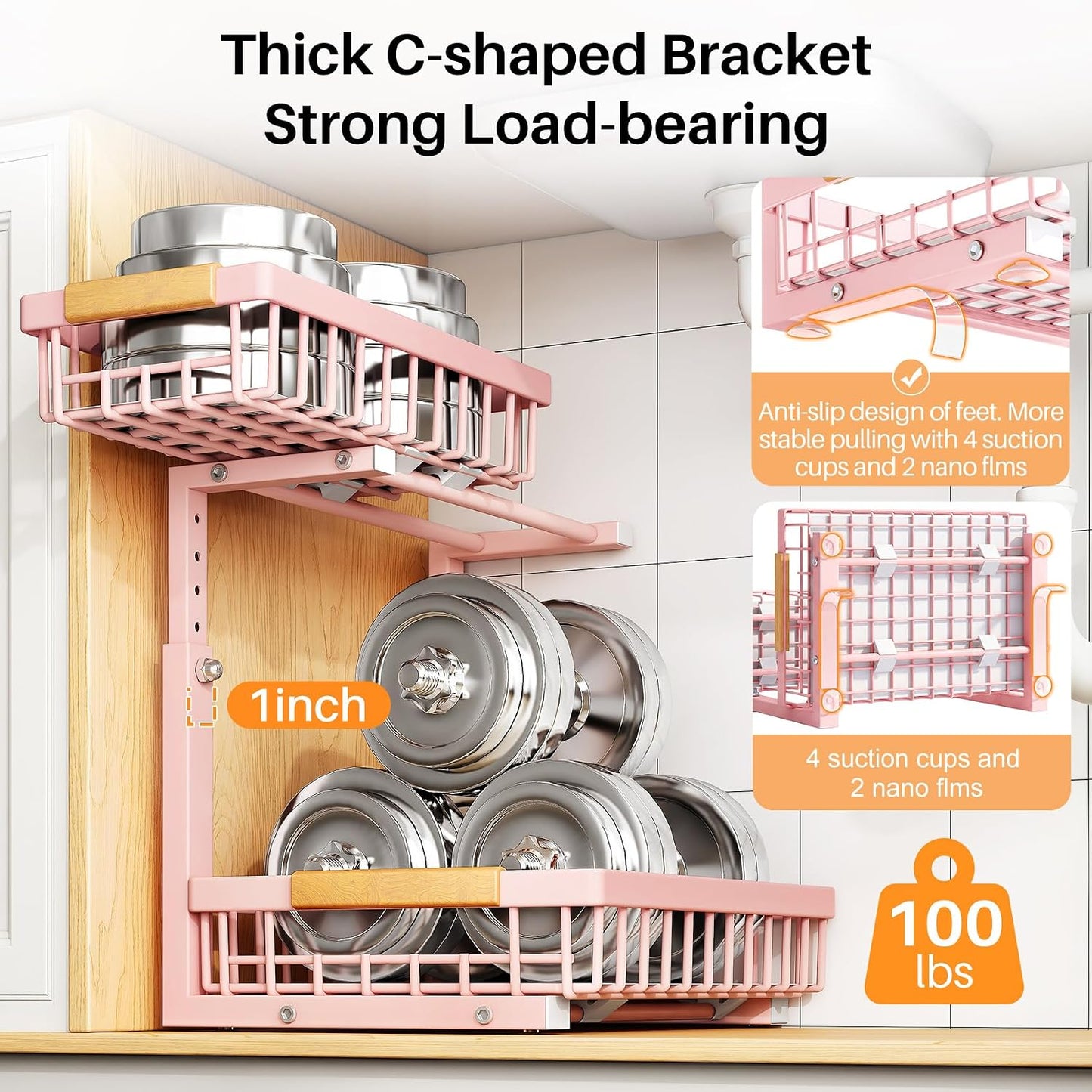PXRACK Under Sink Organizer, Adjustable Height, 2 Tier Pull Out Under Cabinet Organizer, Slide Out Thickened Metal Under Sink Storage for Kitchen Bathroom Laundry Pantry Cabinet, White, Large-2-Pack