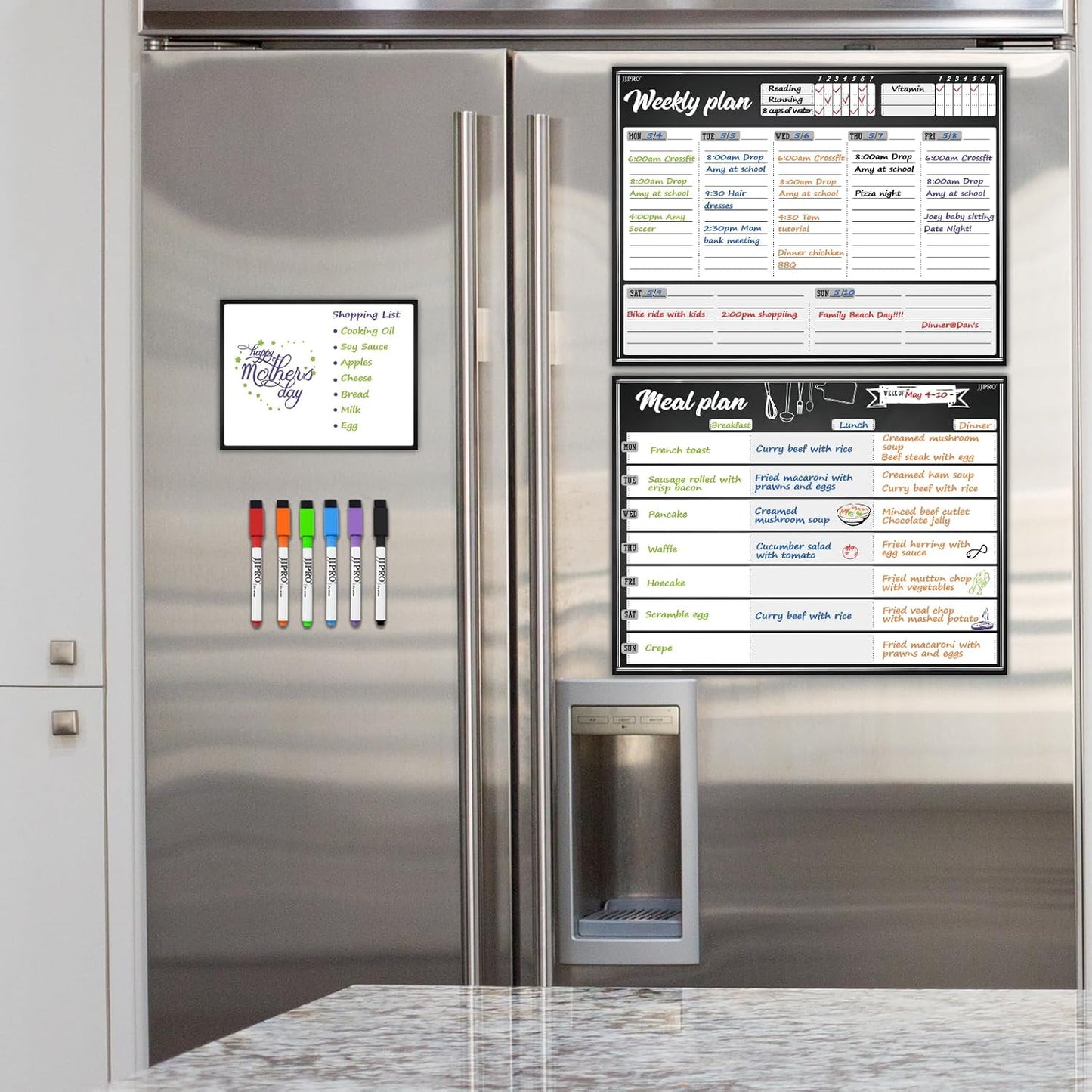 JJPRO Magnetic Dry Erase Meal Planning Whiteboard for Refrigerator-One 14.5x11 Weekly Menu Board and Two Notes Whiteboard for Kitchen Fridge-Refrigerator Organizer with Meal Planner Boards