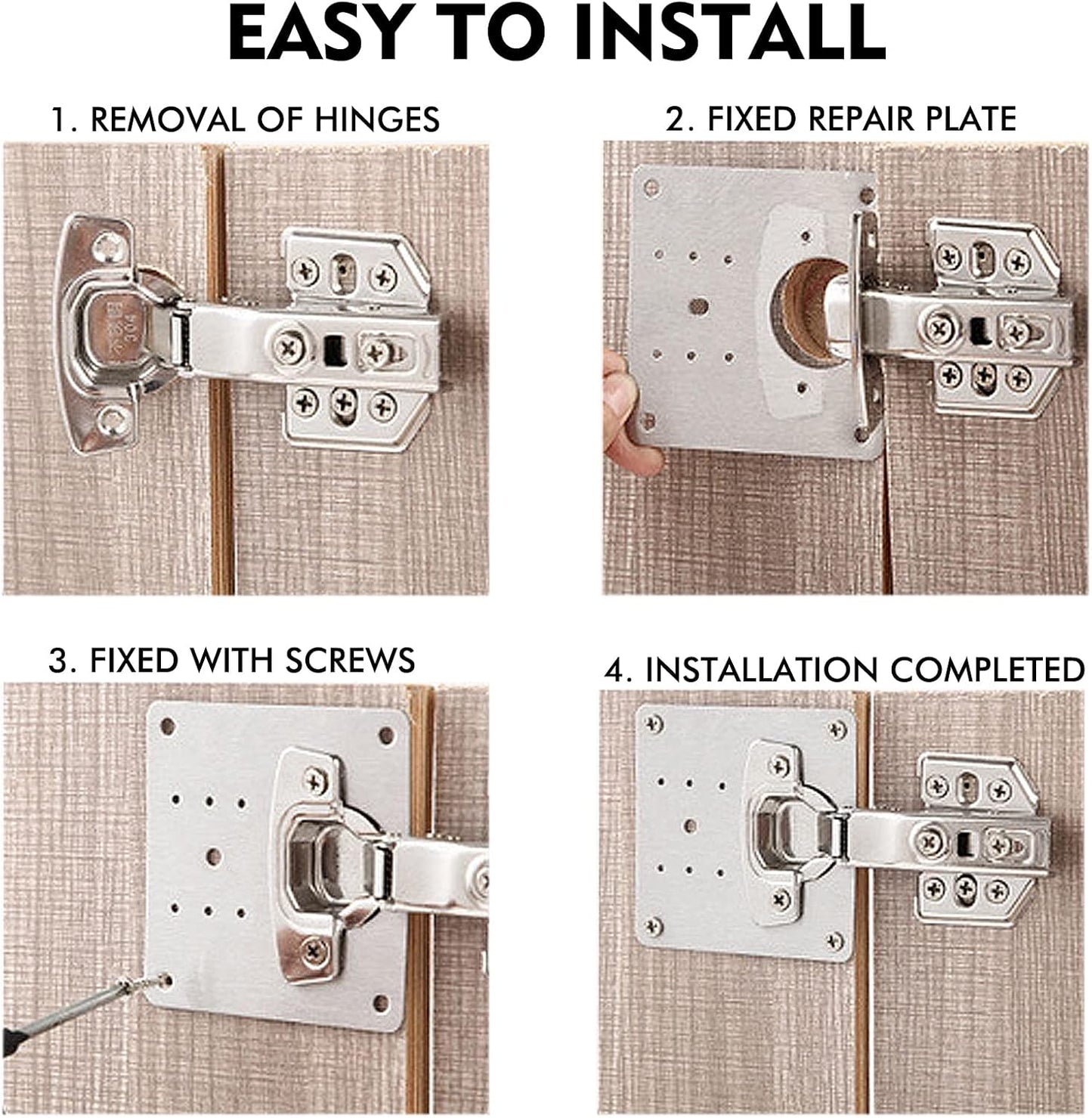 8 Pcs Stainless Steel Cabinet Hinge Repair Plate Kit with Screws and Mounting Tools for Wooden Kitchen Cabinets and Doors