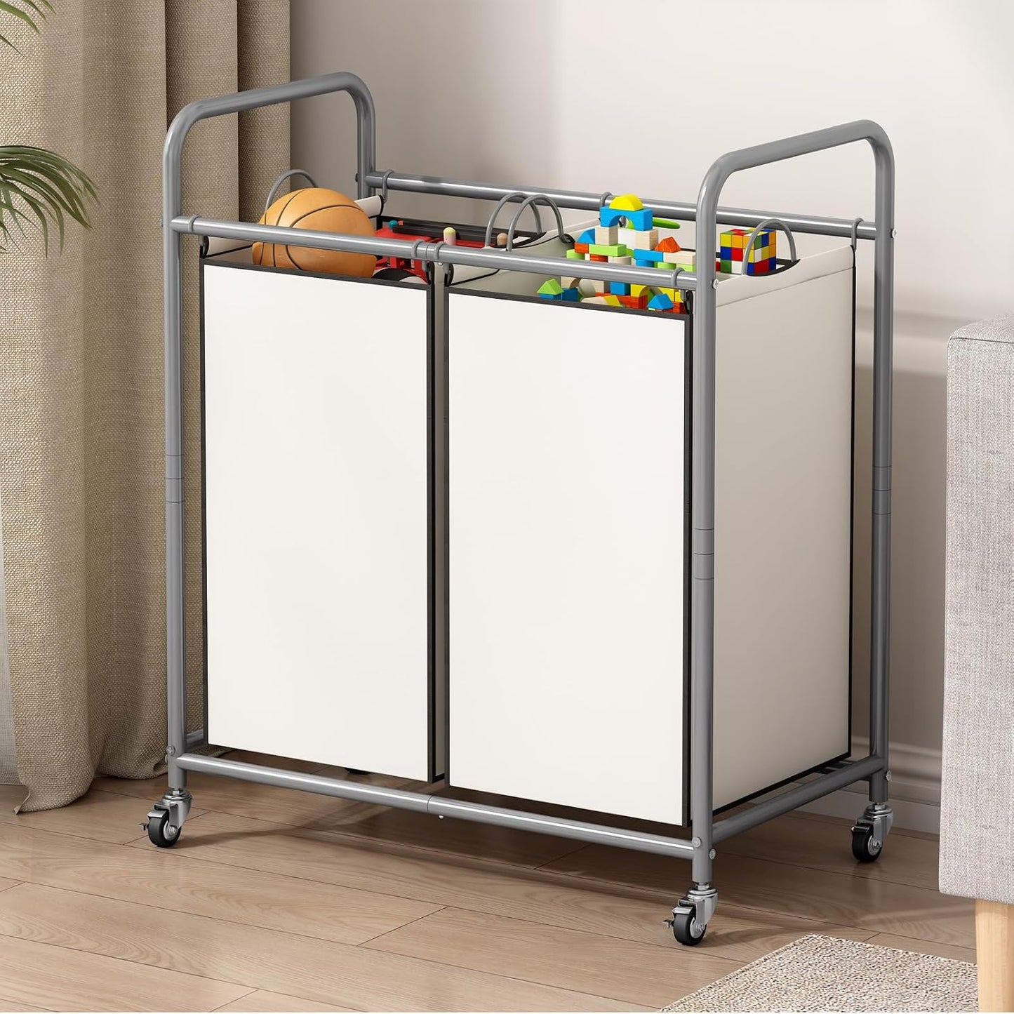 SUOERNUO Laundry Hamper with Lockable Wheels and 2 Removable Bags | Rolling Laundry Basket Laundry Sorter 2 section for Dirty Clothes in Laundry Room or Small Spaces, Grey+Beige