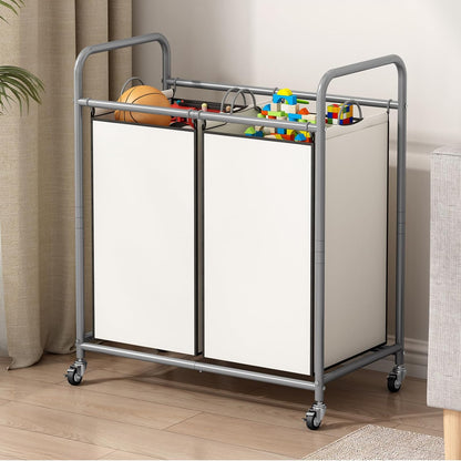 SUOERNUO Laundry Hamper with Lockable Wheels and 2 Removable Bags | Rolling Laundry Basket Laundry Sorter 2 section for Dirty Clothes in Laundry Room or Small Spaces, Grey+Beige