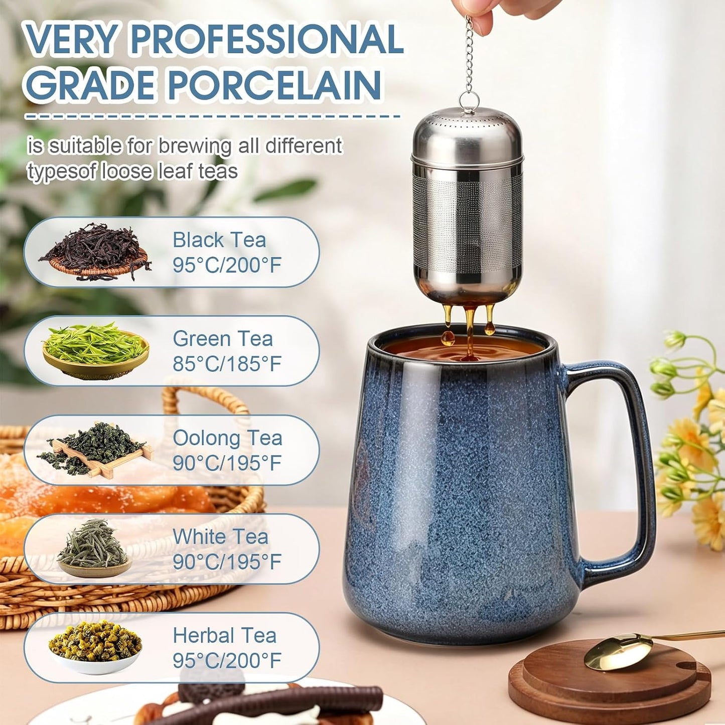 Zhehao 24oz Large Ceramic Tea Mug with Loose Leaf Infuser, Gift for Men Women, Coffee Cup with Lid & Spoon for Tea Lovers, Microwave & Dishwasher Safe, Present for Thanksgiving Christmas(Green)