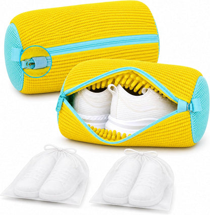 Shoe Washing Machine Bag: Shoes Come Out Clean & Protected during Washing | 2PC Laundry Shoe Bag for Washer and Dryer, Auto-Lock Zipper, Chenille Microfiber Lining, 17 x 7.5 inch, Durable, Yellow