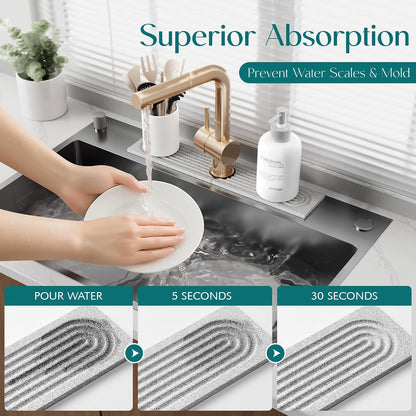 Stone Faucet Mat for Kitchen Sink – Diatomite Drying Stone Mat & Sink Protector, Prevents Moisture – Sink Splash Guard Water-Absorbing Stone Tray for Bathroom Counter (Light Grey, 20" x 3.9")