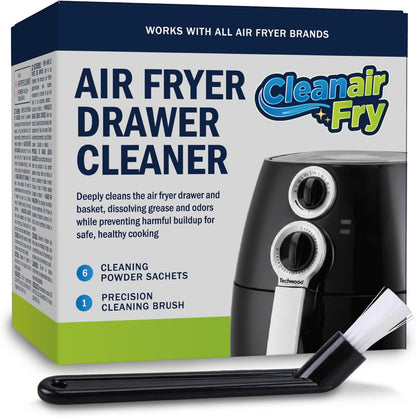Air Fryer Cleaner and Degreaser. 6 Powder Sachets with Brush. Cuts Grease, Burnt Food and Odors. For Basket, Drawer, Grill and Crisper Plate. Nonstick Safe