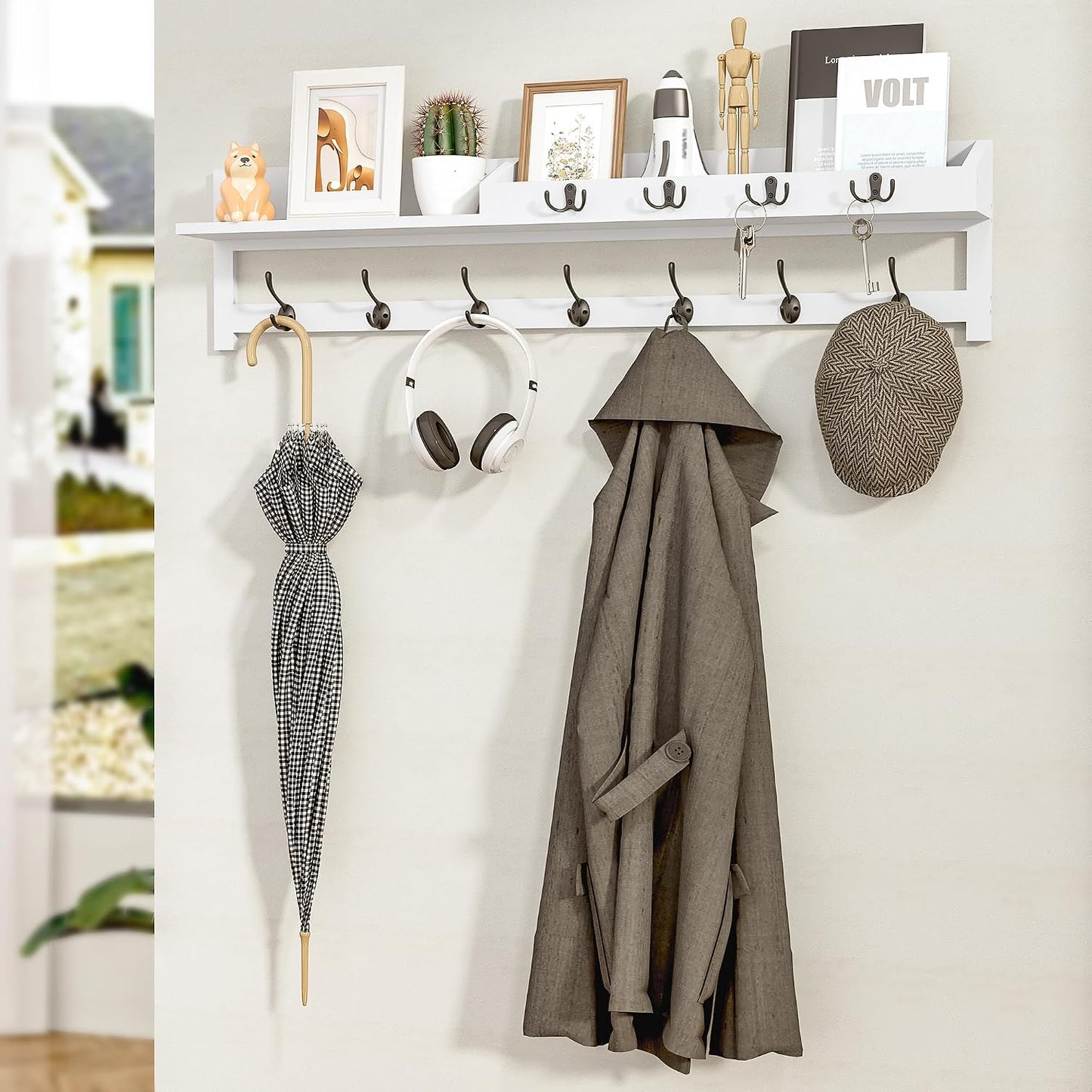 AMBIRD Wall Hooks with Shelf, 26.57 Inch Entryway Wood Coat Hooks for Wall with Shelf, Coat Rack Wall Mount with 5 Dual Hooks 3 Key Hooks Mail Organizer and Key Rack Holder (Brown)