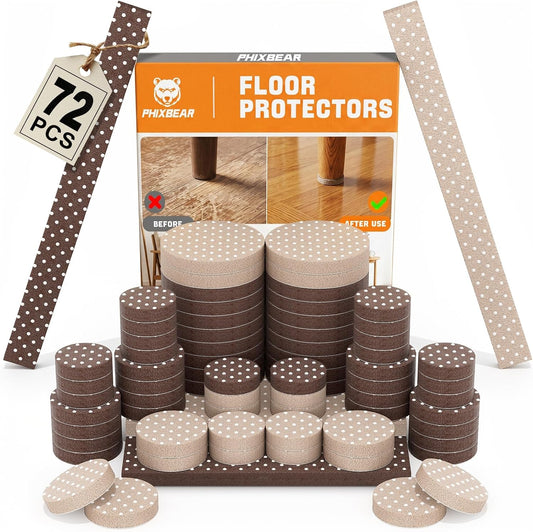 72 PCS Felt Furniture Pads, Self Adhesive Furniture Floor Protectors, Multiple Sizes Felt Pads for Chair Legs, 0.2in Thick Furniture Leg Protectors for Hardwood Floors, Anti Scratch, Beige & Brown
