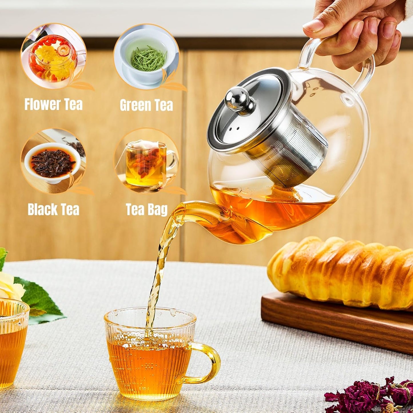 Baalaka Glass Teapot 18.6oz/550ml, Tea Pot with Removable Infusers for Loose Tea, Borosilicate Glass Tea Kettle Tea Maker Stovetop for Camping, Tea Infuser for Loose Leaf Tea Travel | Borosilicate glass tea kettle with infuser; steel strainer for loose