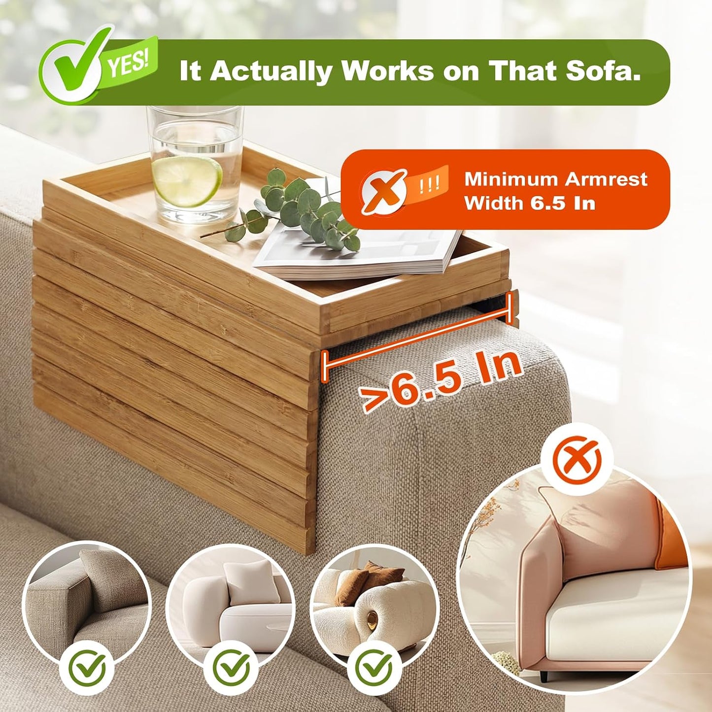 Sofa Arm Tray, Fits 6.5"+ Couch Armrest, Foldable Bamboo Large Storage Tray | Sturdy 12.5" x 5.8" Storage Compartment, Portable Chair Couch Caddy Arm Tray, For Cup TV Snacks Phone