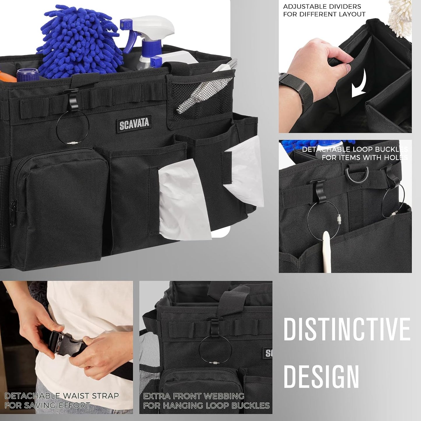 SCAVATA Wearable Cleaning Caddy Bag, Cleaning Caddy Supplies Organizer with Handle & Shoulder Straps for Housekeepers, Under Sink & Car Cleaning Tool Organizers with 4 Foldable Divider (Lake Blue)