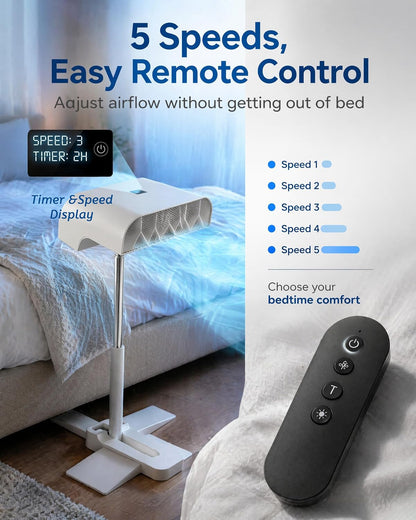 Under Sheets Cooling Fan, Mattress Cooling Fan for Hot Sleepers, Rechargeable Air System with Remote, 5 Speeds, Adjustable Height, Quiet Under Blanket Airflow for Low and Standard Beds (White)