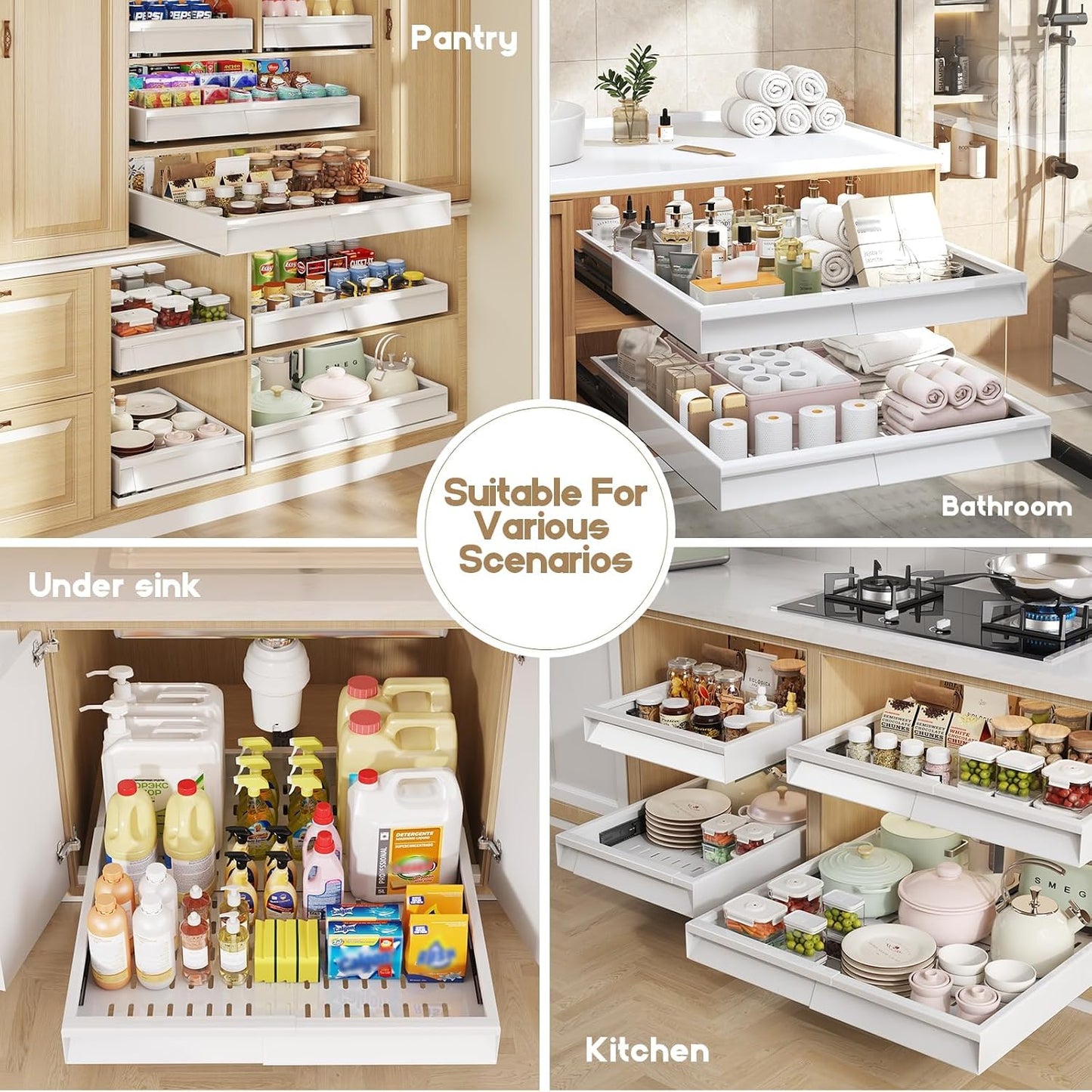 Seinloes Pull Out Cabinet Organizer, 4-Side Expandable to Fit Most Cabinets, 3 Rail Slide Out Drawers with Raising Pad for Framed & Frameless Cabinets, 13"-21" W x 17"-24" D, White, 2 Pack