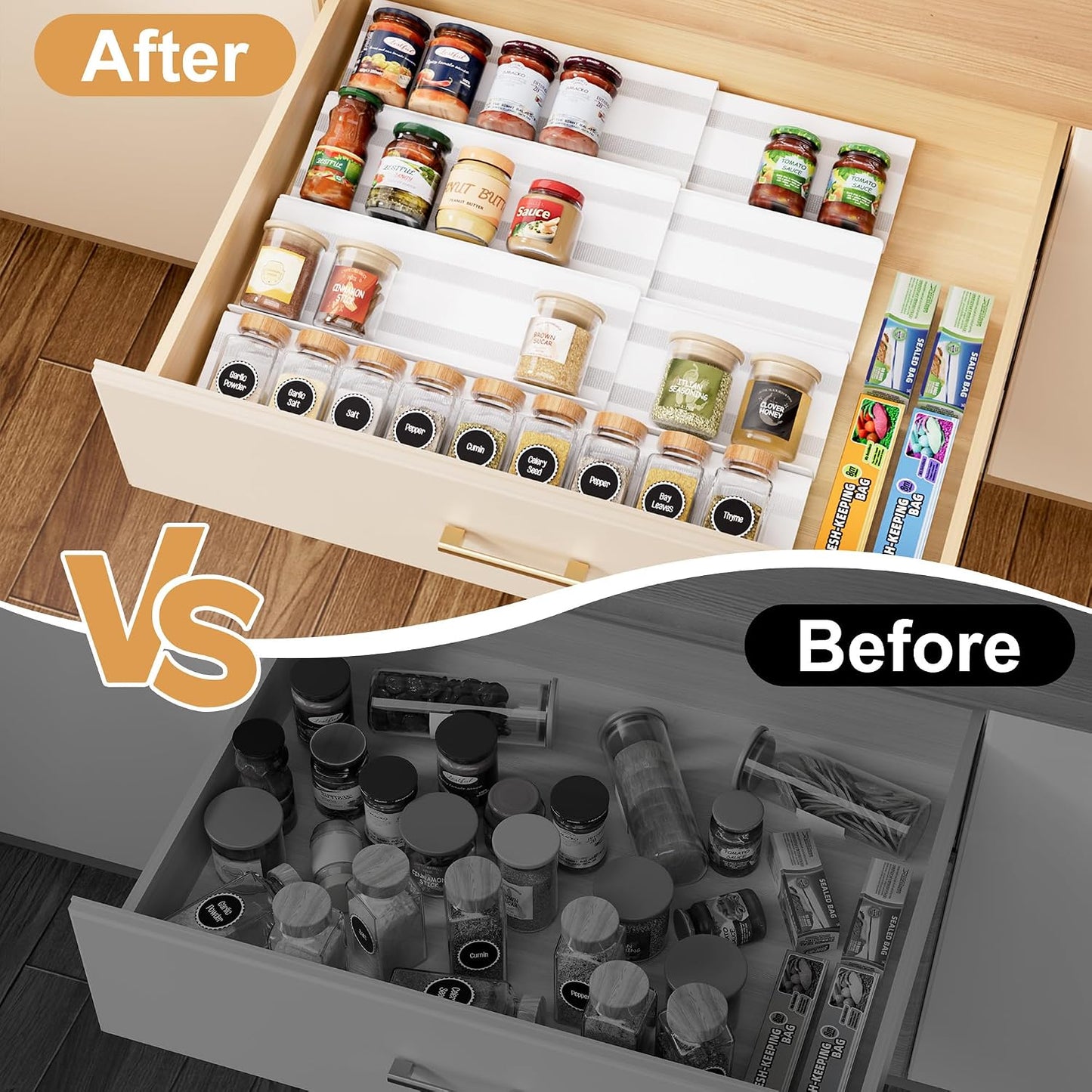 8-Pack Spice Drawer Organizer, Expandable Acrylic Seasoning Rack (13" to 26") with Anti-Slip Mat, Kitchen Spice Rack Holds up to 56 Jars (Jars Not Included)