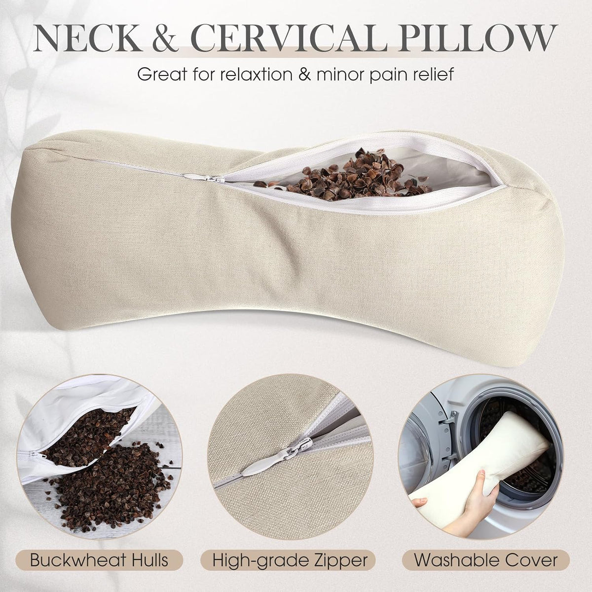 DoubleFill 2 Pcs Buckwheat Neck Pillow Adjustable, Gray, Plush