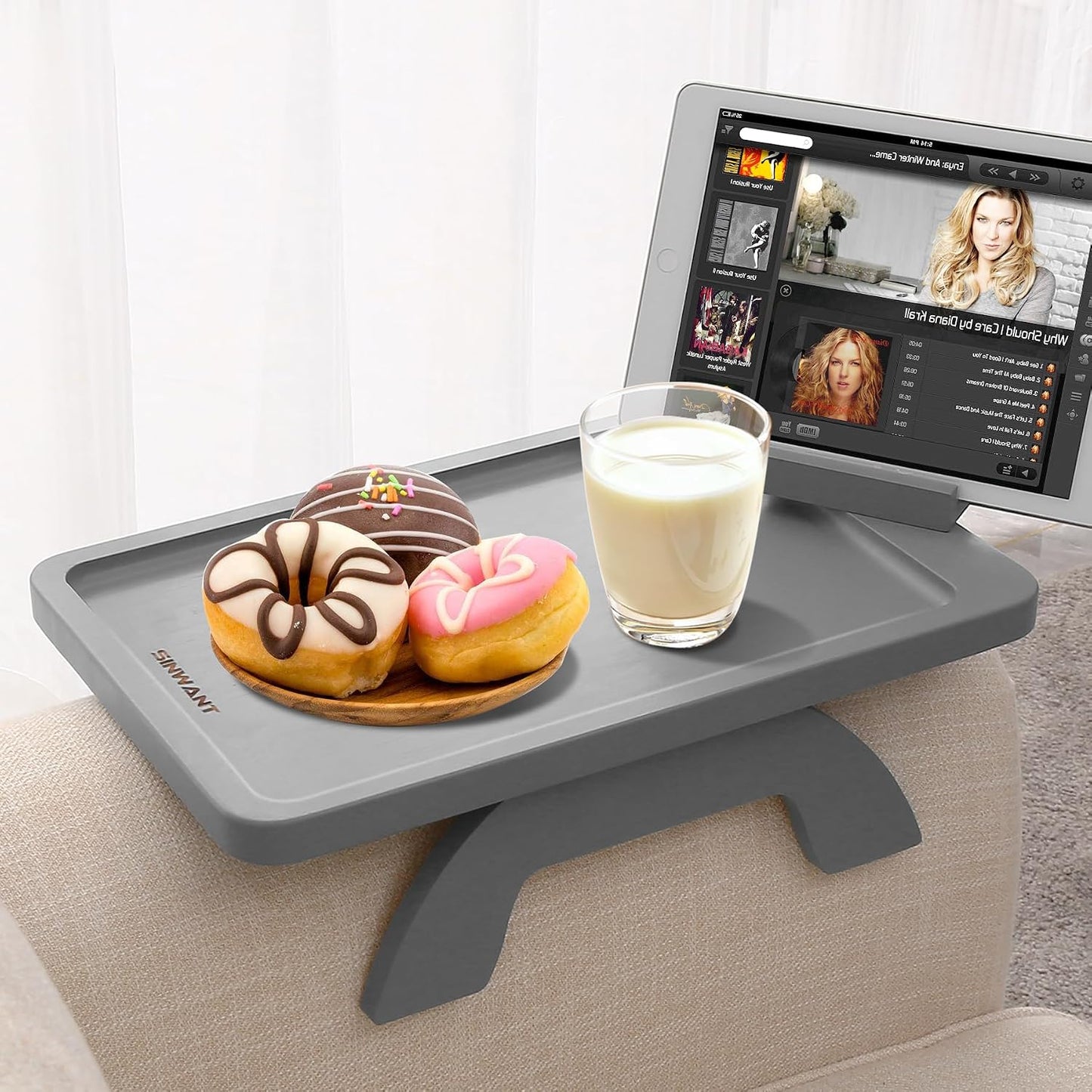 Couch Arm Tray,Bamboo Sofa Clip on Side Table,Foldable Couch Armrest Table with 360°Rotating Phone Holder,Anti Slip Food Trays for Eating/Drinks/Snacks/Remotes 15.35" x 9.85"
