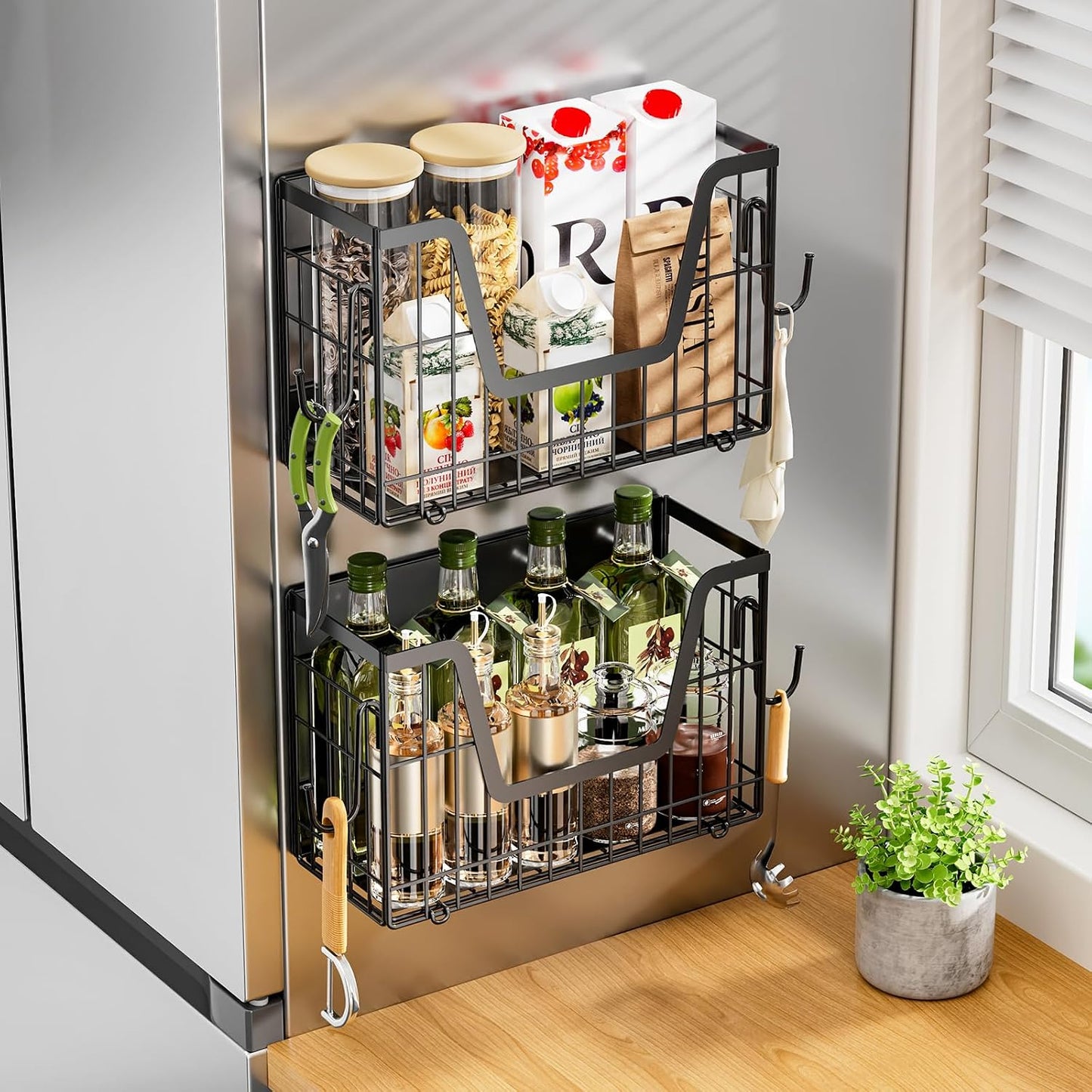 Magnetic Shelf for Fridge, Fruit Basket Magnet Shelves with 2 Hooks | Potato and Onion Storage Bins, Black Magnetic Organizer Side of Fridge Storage, Magnetic Spice Rack for Refrigerator Kitchen