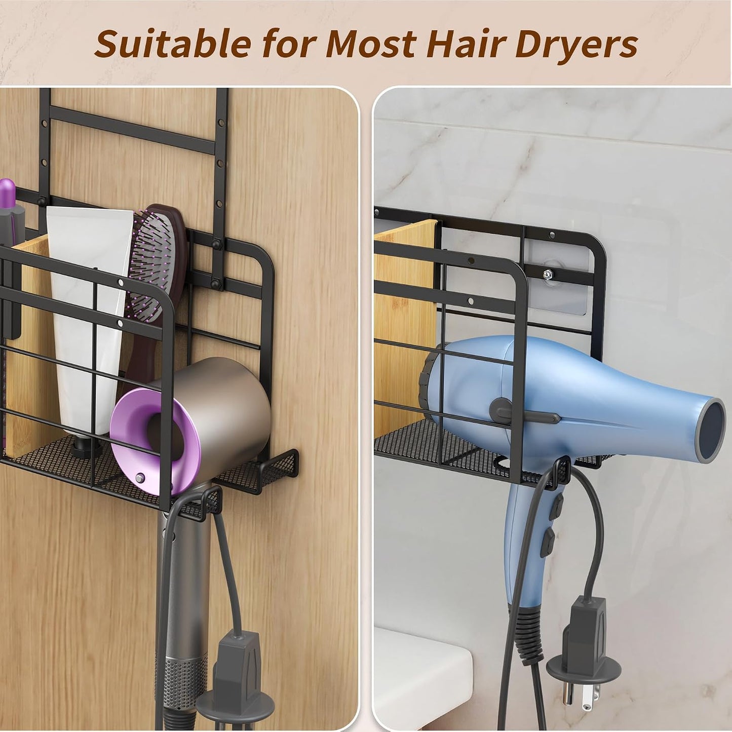 2 Pack Hair Tool Organizer - Hair Dryer Holder Wall Mounted/Cabinet Door - Adjustable Height Blow Dryer Holder - Curling Irons Storage with 2 Hooks (Black)