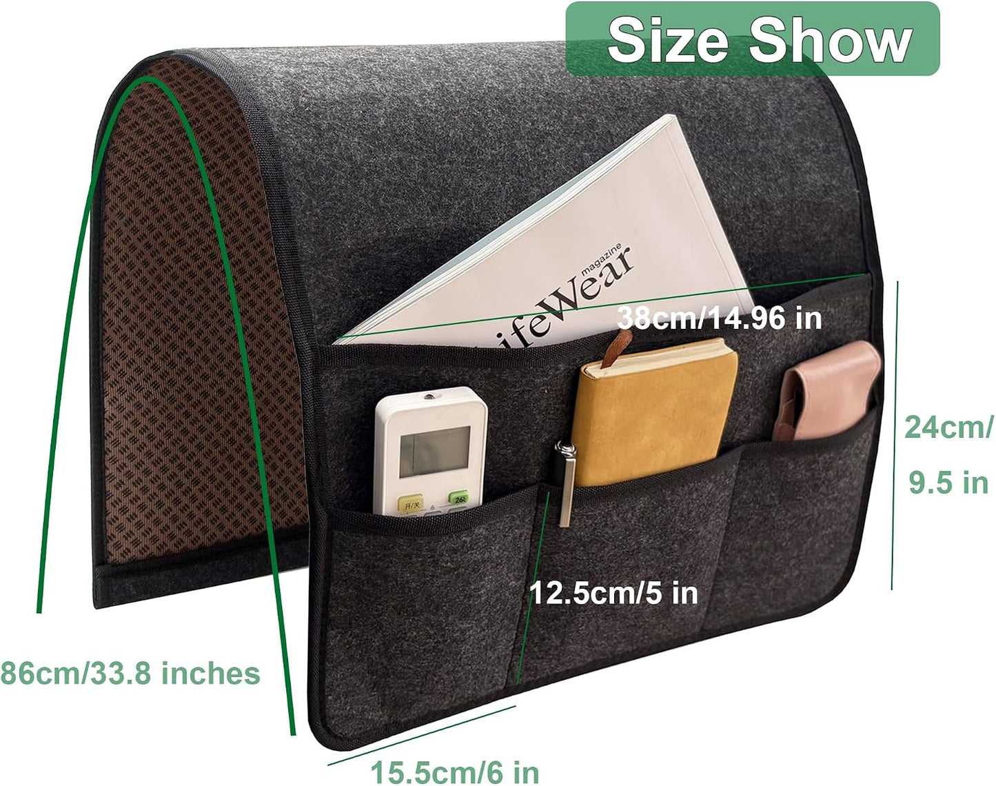 Bedside Caddy, Sofa Caddy, Storage Organizer Pocket for Dorm, Bedroom, 5 Pockets Felt Organizer for Magazine, Remote, Phone, Tablet, Pad, Glasses, Pen, Remote Control (Light Grey-Short)