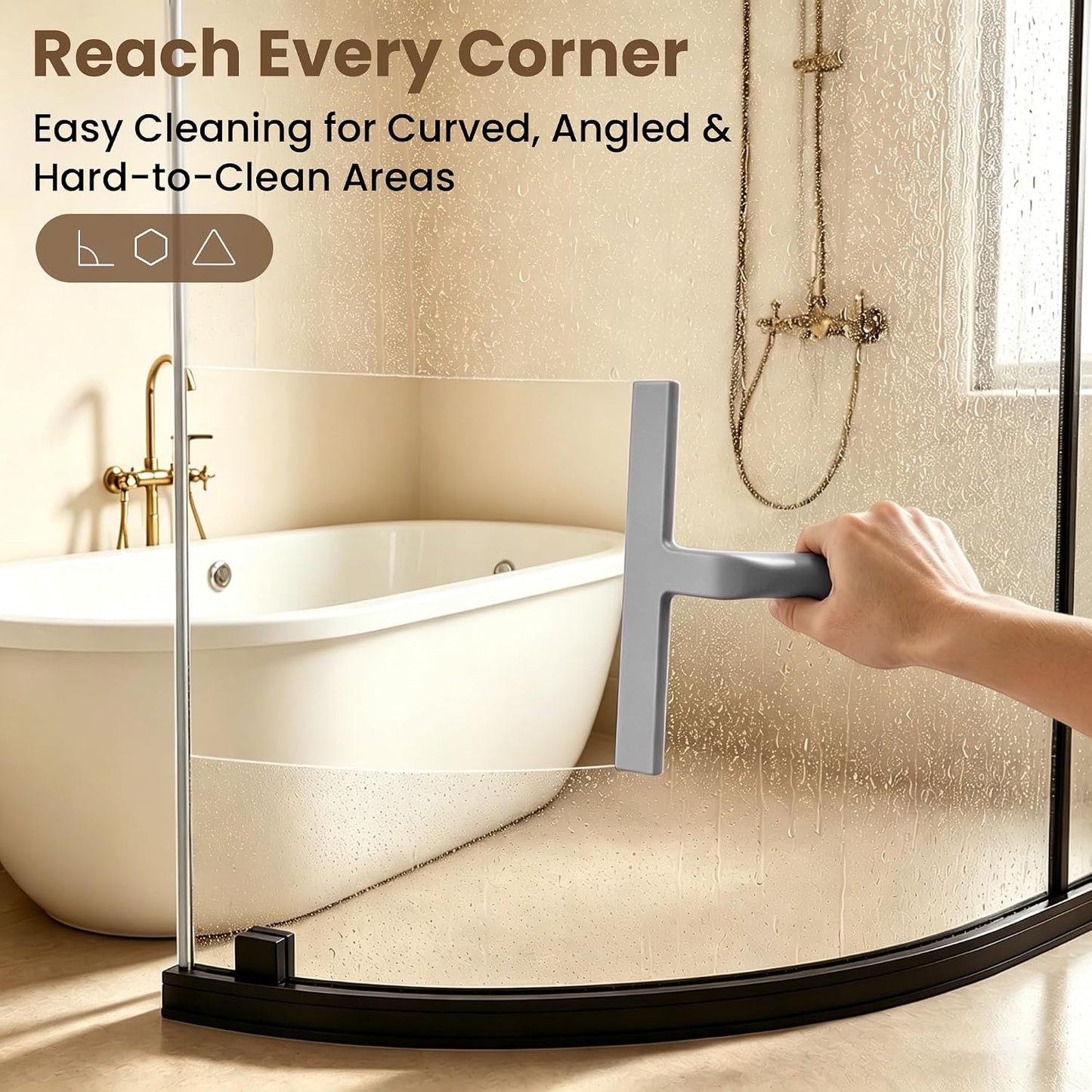 10 Inch Silicone Shower Squeegee for Glass Doors, Streak-Free, Black | No-Squeak Silicone Blade, Ergonomic Round Grip and Built-In Hook for Quick Daily Cleaning of Shower Glass, Tile and Windows