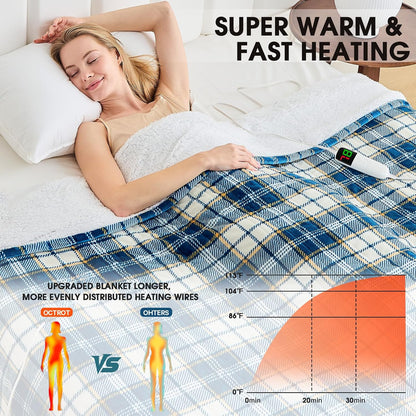 Heated Blanket Electric Throw 50X60 Heating Blanket with 10 Heating Levels 8 Hours Auto Off, Blue Plaid Sherpa Blankets Winter Warmer, Home Decor for Couch Bed Office,Gifts for Mom, Women,Washable