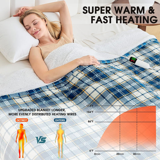 Heated Blanket Electric Throw 50X60 Heating Blanket with 10 Heating Levels 8 Hours Auto Off, Blue Plaid Sherpa Blankets Winter Warmer, Home Decor for Couch Bed Office,Gifts for Mom, Women,Washable