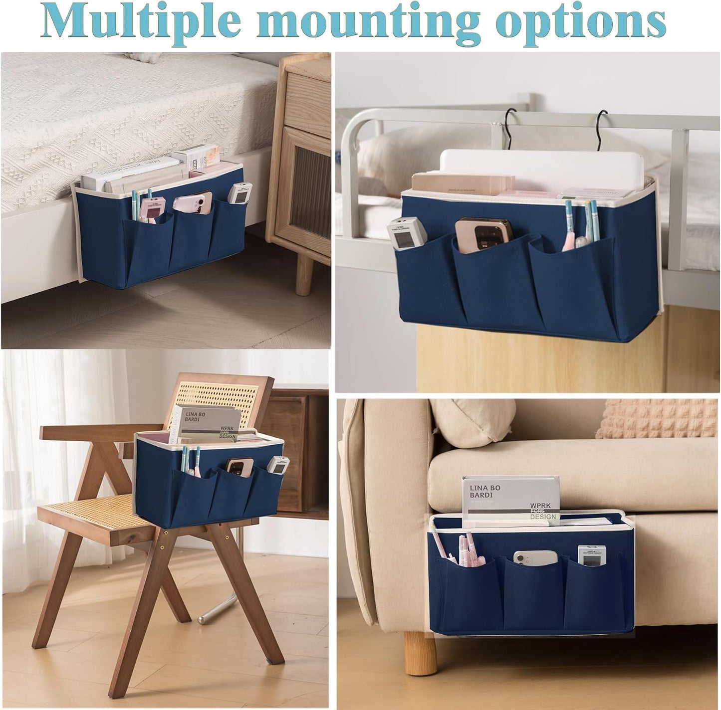 Bedside Caddy/Bedside Storage Organizer Hanging Bag with Three Options,Suitable for home beds, sofas, and dormitory beds—can hold magazines, books, phones, iPads, remote controls. (Gray)