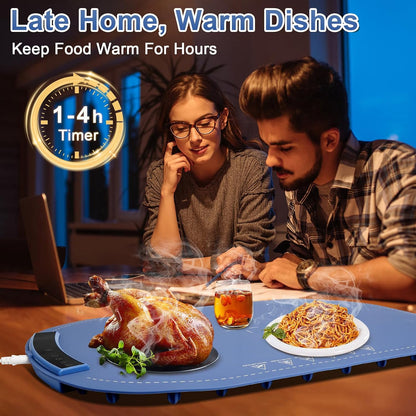 Food Warming Mats for Countertop - Warming Trays for Buffets Party, Silicone Electric Warmer with 7 Level Temp Adjustable / 4H Auto Timer, Hot Fast in 8s, Roll Up Heating Pad for Home Travel (Blue)