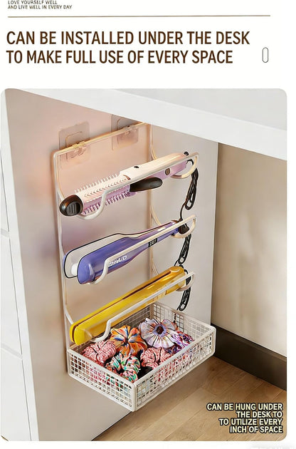 4-Tier Metal Hair Tool Organizer, No Drill Wall-Mounted Storage Rack - Heat Resistant Holder for Curling Iron, Hair Dryer, Straightener, Styling Tools (White/Black)