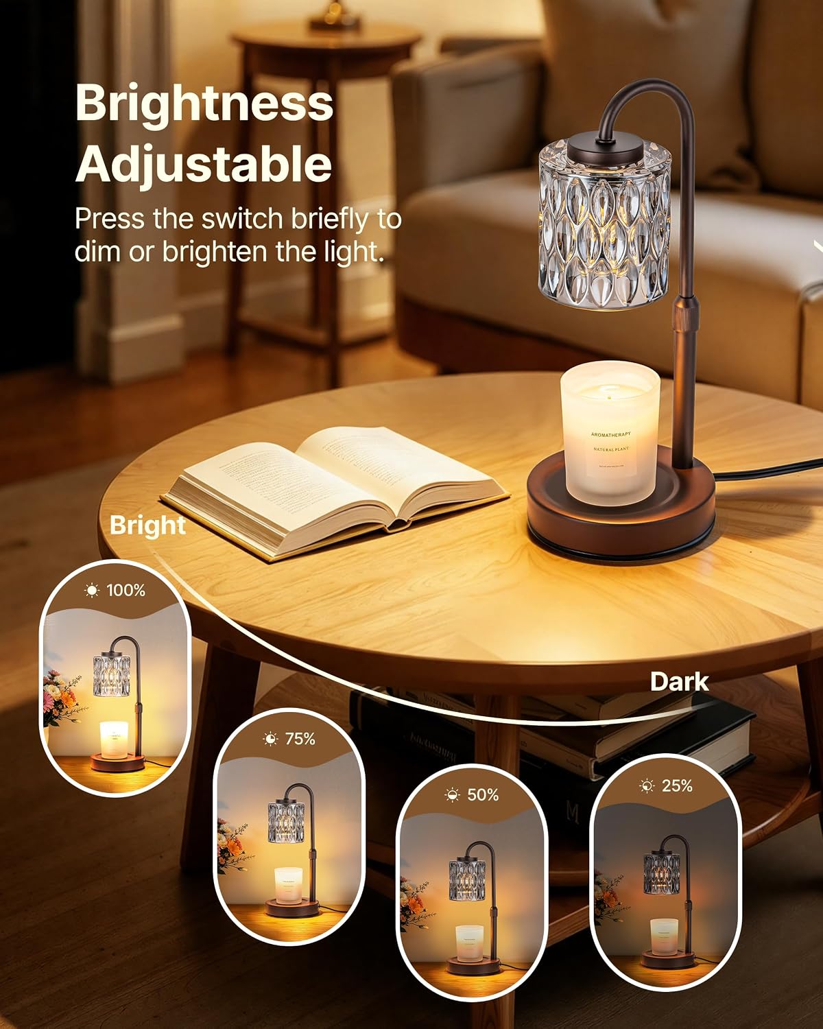 CASTLELIFE Dimmable Candle Warmer Lamp with Timer, Height Adjustable Candle Warmer for Jar Candles, Electric Wax Melt Warmer for Home Decor House Warming Gifts, Birthday Gifts for Women, Black Clear