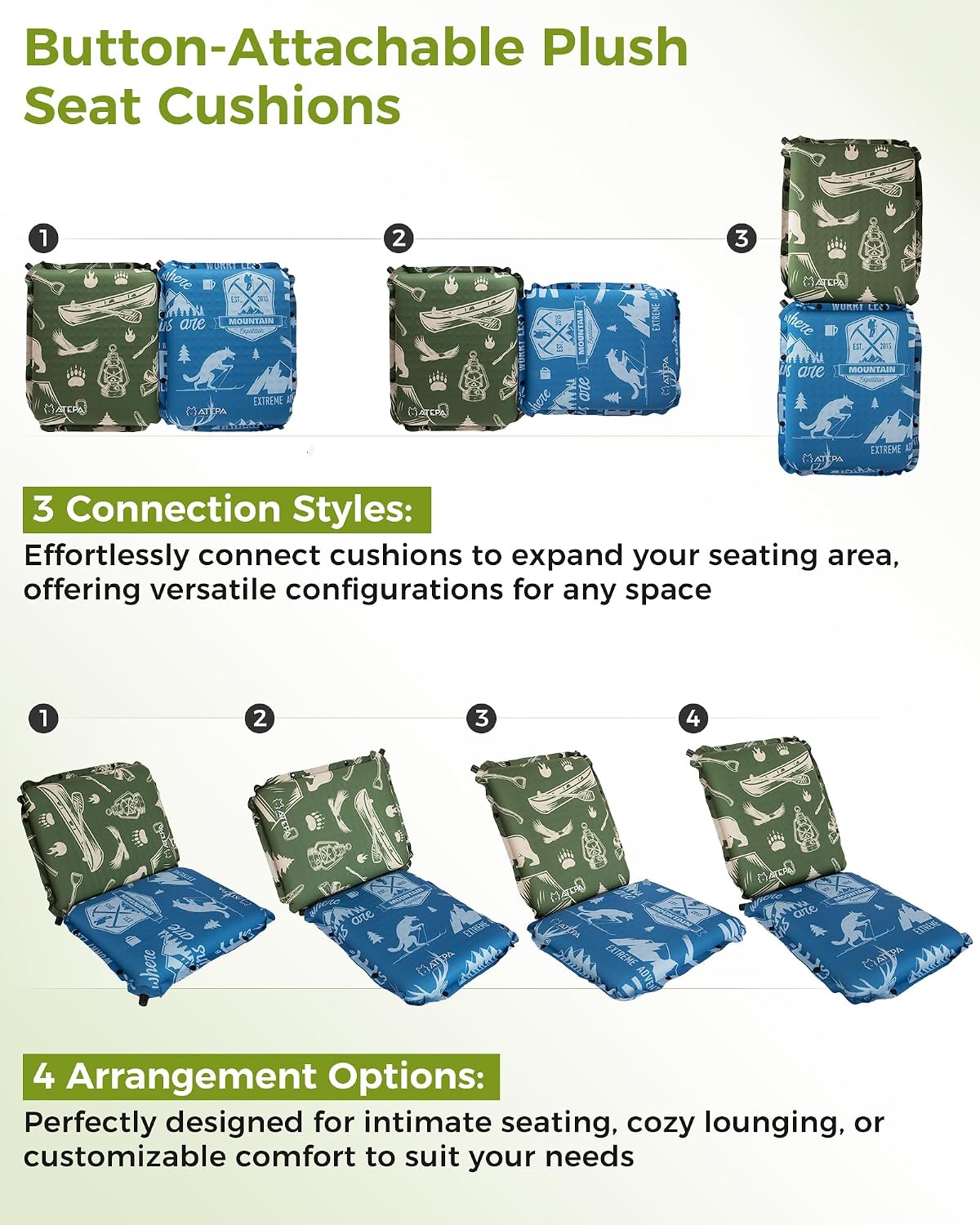 ATEPA Inflatable Seat Cushion | 2" & 2.5" foam core seat pad, Self inflating, Compact, Stadium, Airplane, Travel, Camping, Hiking, Sports events
