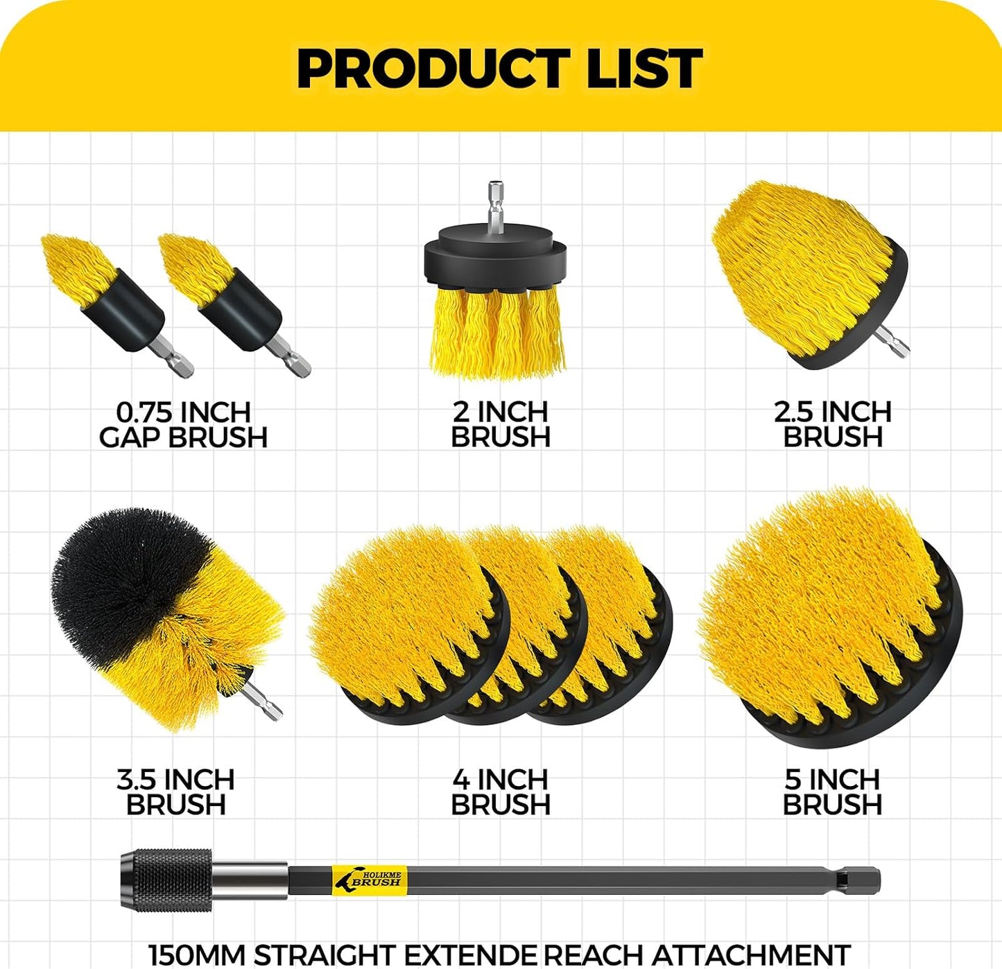 Holikme 10Pack Drill Brush Attachments Set，Power Scrubber Kit for Clean | 9 brush sizes, nylon bristles, extension reach, bathroom, tile, grout, kitchen and car cleaning, yellow