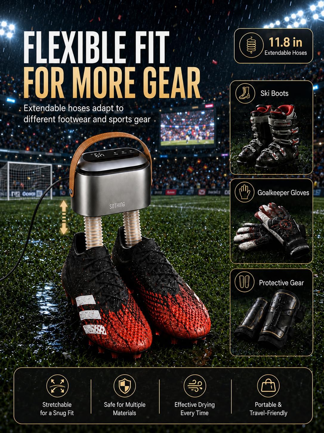 Boot Dryer, Portable Shoe Dryer for Sneakers with Ozone Freshening | 11.8 in Extendable Hoses, 95W Rapid Drying, 3 Heat Levels, LED Touch Panel, 1–9H Timer, for Work Boots, Soccer Cleats, Gloves