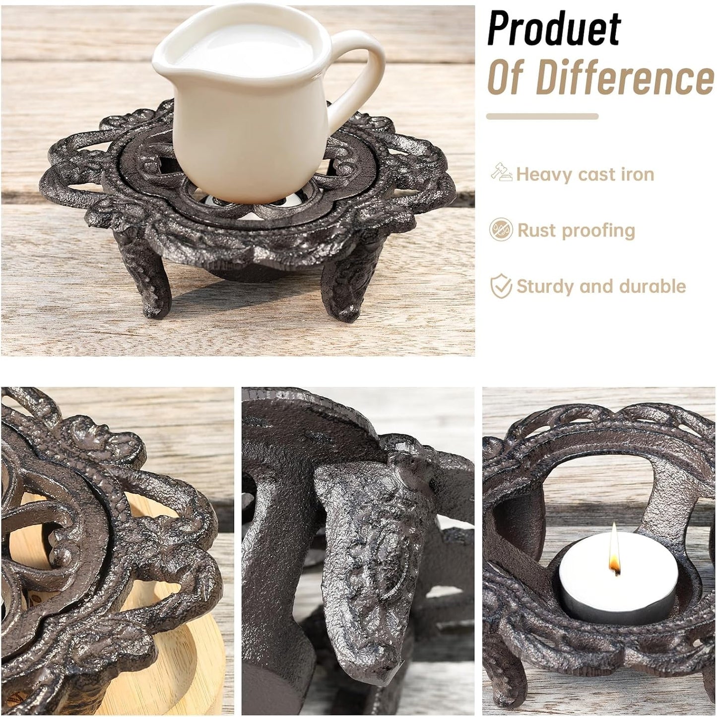 6.1 Inches Cast Iron Teapot Warmer Dish Cups Trivet,Flower-Shaped Design with Tealight Holder - Heavy Duty & Decorative Candle Holder Stands for Heat Food Coffee Milk or Tea