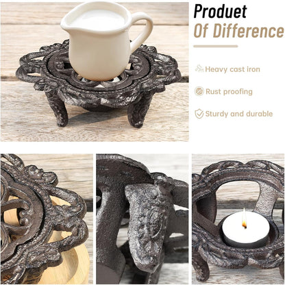 6.1 Inches Cast Iron Teapot Warmer Dish Cups Trivet,Flower-Shaped Design with Tealight Holder - Heavy Duty & Decorative Candle Holder Stands for Heat Food Coffee Milk or Tea