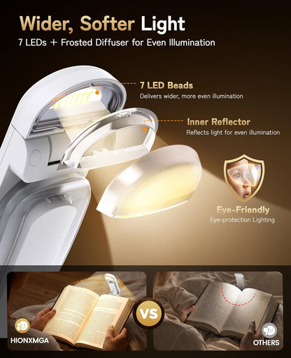 HIONXMGA Book Light Rechargeable, Eye-Care Clip on Reading Light for Books in Bed, 3 Color & Stepless Dimming, 140H Long Lasting Book Lights for Reading at Night, Gifts for Book Lovers(Black)