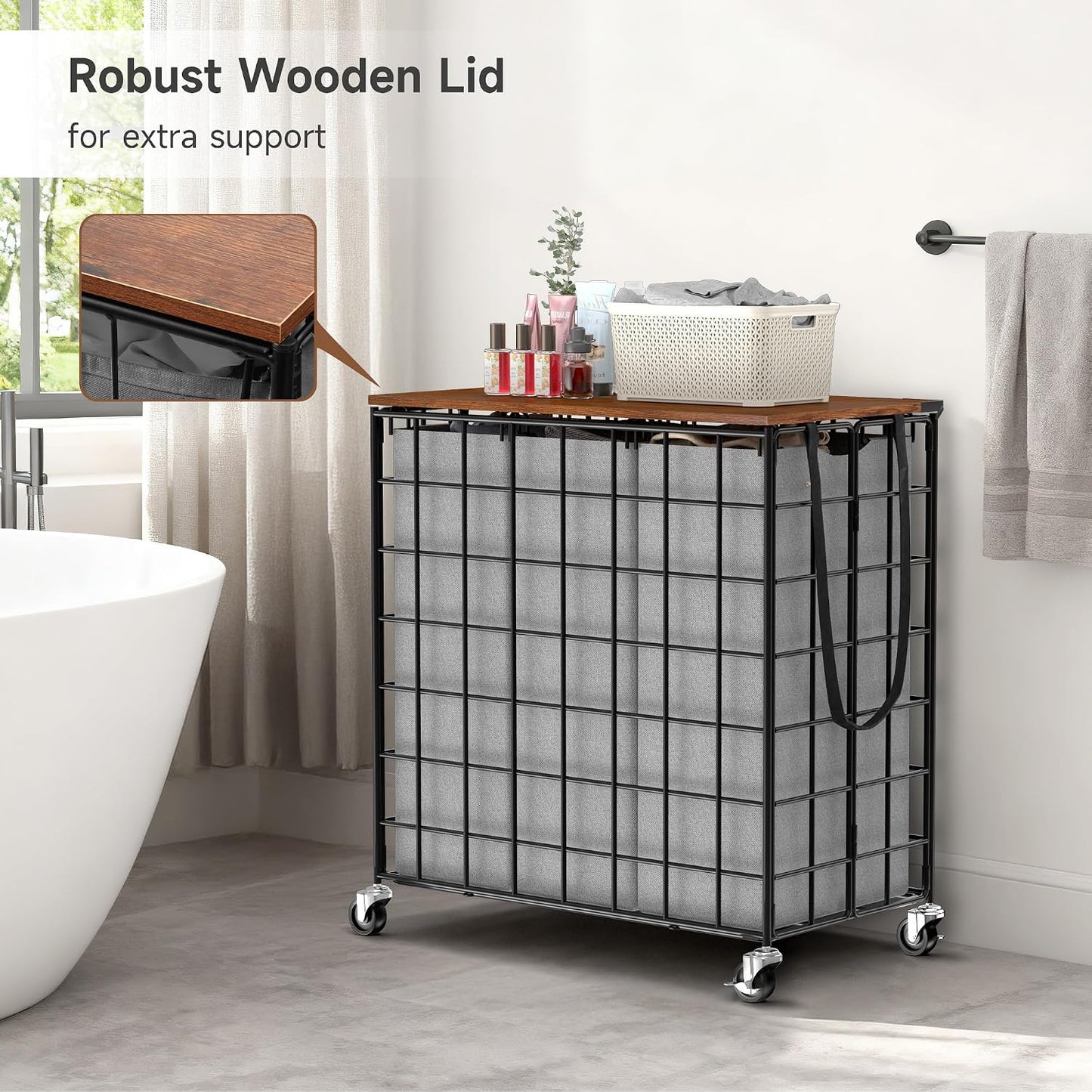 90L Laundry Basket with Wheels, Large Capacity Laundry Hamper with Removable Liner Bags, Heavy Duty Laundry Sorter with Solid Wood Lid & Leather Handles, Grey